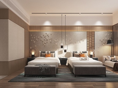 3d现代酒店双人床客房模型