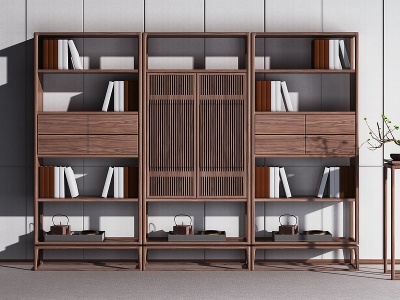 3d新中式古典实木简易书柜模型
