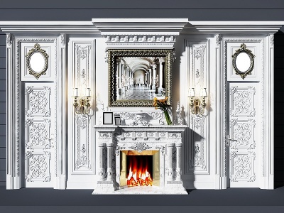 3d欧式雕花壁炉背景墙模型