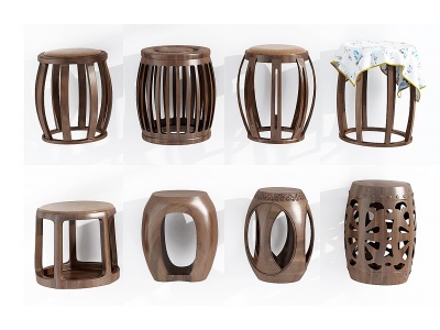 中式实木圆凳鼓凳组合模型3d模型