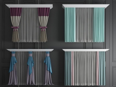 3d现代简约布艺窗帘窗纱组合模型