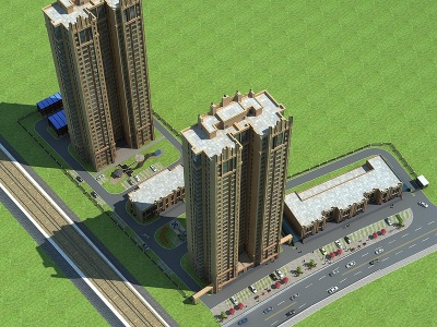 3d欧式住宅楼小区规划鸟瞰模型