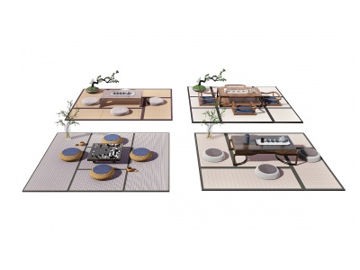 3d新中式榻榻米茶桌椅组合模型