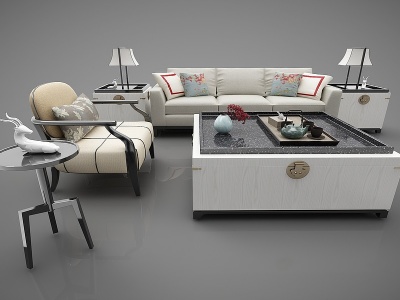 3d新中式风格沙发茶几组合模型