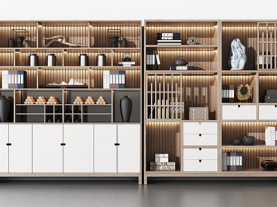 3d新中式实木书柜装饰柜模型