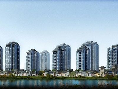 3d新中式商业高层住宅小区模型