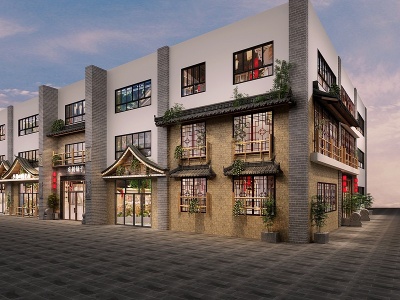 3d新中式门头屋檐瓦片餐厅模型