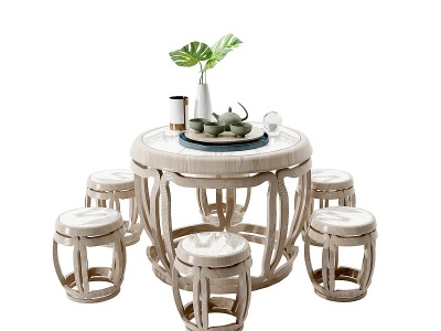 3d新中式古典实木茶桌椅组合模型