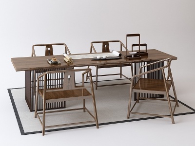 3d中式书桌椅茶几组合模型