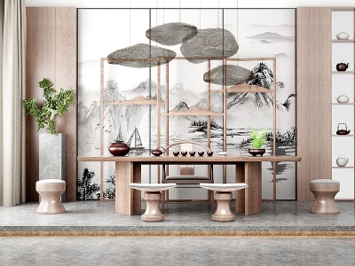 3d新中式实木茶桌椅模型