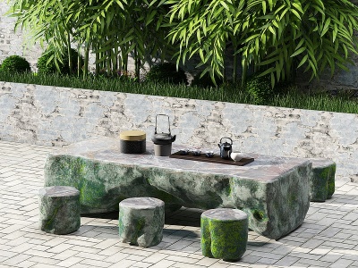 3d自然风石头茶桌椅模型