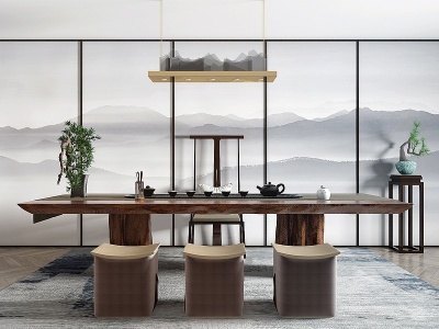 3d新中式茶桌椅组合模型