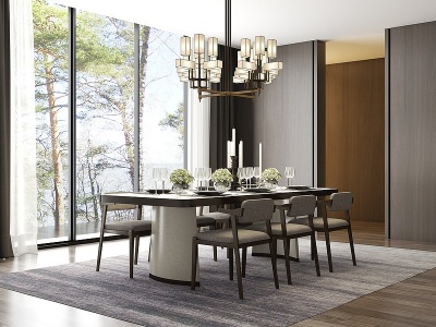 3d现代餐厅餐桌椅吊灯餐具模型