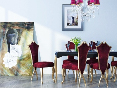 3d欧式餐桌椅吊灯挂画组合模型