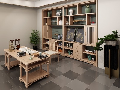 3d中式禅意书房家具画桌椅模型
