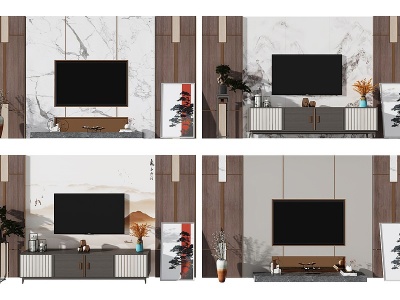 新中式电视柜背景墙模型3d模型