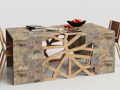 3d工业风实木餐桌椅摆件组合模型