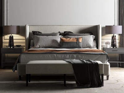 3d美式双人床床头柜组合模型