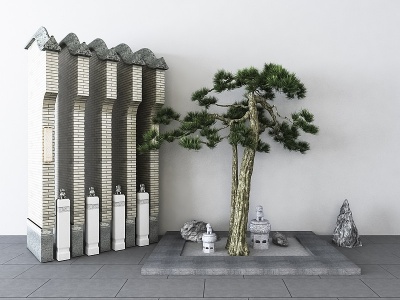 新中式松树石头景观小品模型3d模型