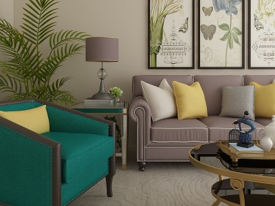 3d美式客厅沙发椅子组合模型