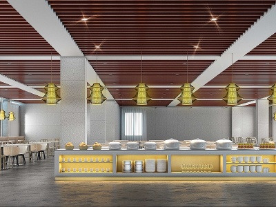 新中式食堂饭厅公共空间模型