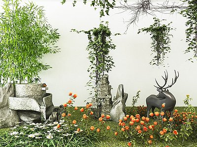 3d新中式植物花草景观小品模型