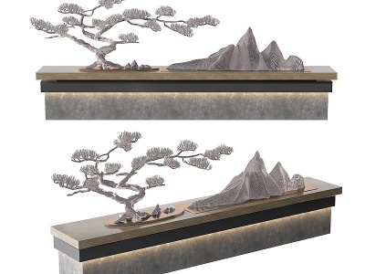 3d新中式金属松树假山模型