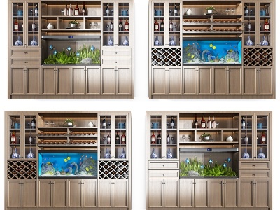 3d新中式酒柜鱼缸组合模型