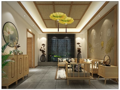 3d新中式民宿鲜花大厅模型