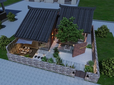 3d中式户外院子民宿花园模型