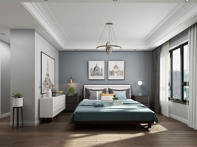 3d现代卧室吊灯床装饰柜模型