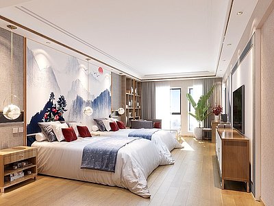 新中式酒店卧室模型3d模型