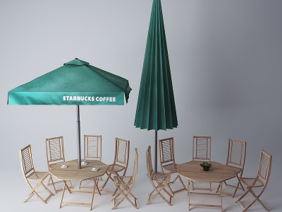 3d现代实木户外桌椅遮阳伞模型