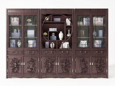 3d中式古典红木雕花书柜模型