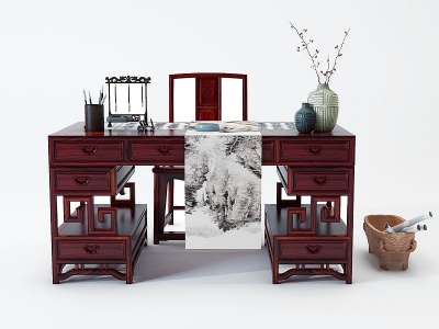 3d中式古典红木实木桌椅模型
