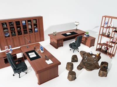3d新中式班台办公桌模型
