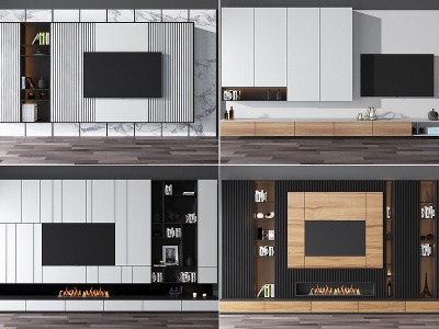 3d现代一体式电视柜背景墙模型