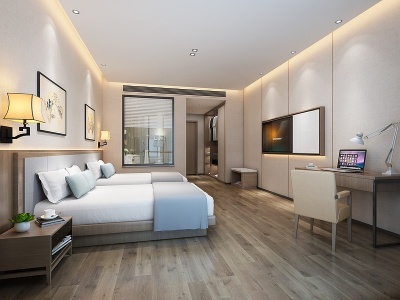 3d新中式酒店双人床客房模型