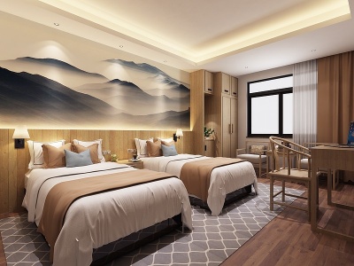 3d新中式酒店客房模型