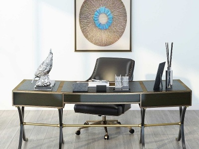 3d新中式办公桌椅组合模型
