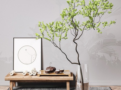 3d新中式茶桌植物盆栽组合模型