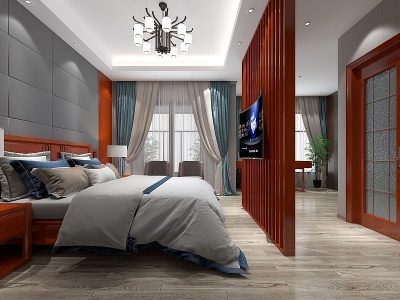 3d新中式卧室床电视书桌模型