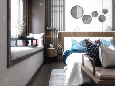 新中式卧室床具背景墙模型3d模型