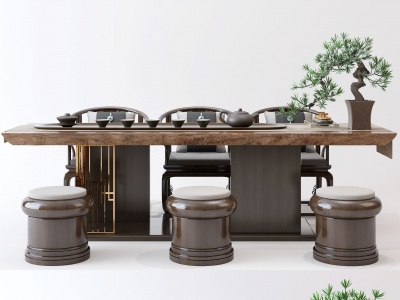 3d中式椅子茶几盆栽组合模型