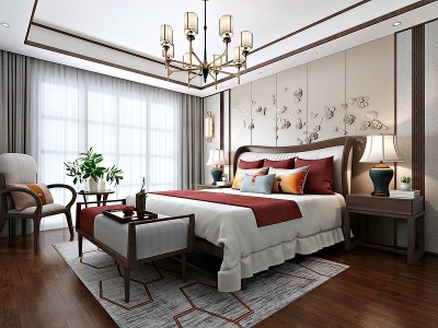 新中式卧室实木床休闲椅模型3d模型