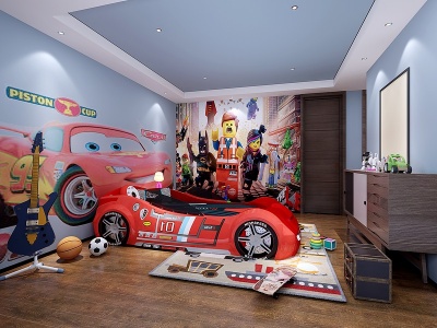 3d现代男孩房玩具床装饰柜模型