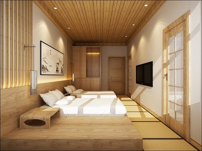 3d日式民宿床桌子椅子柜子模型