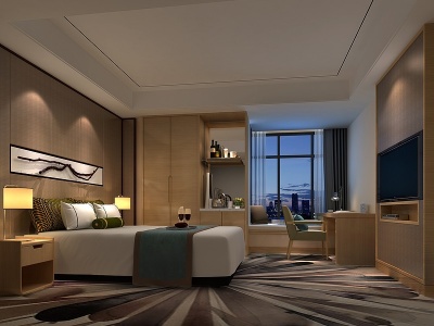 3d新中式酒店大床房客房模型