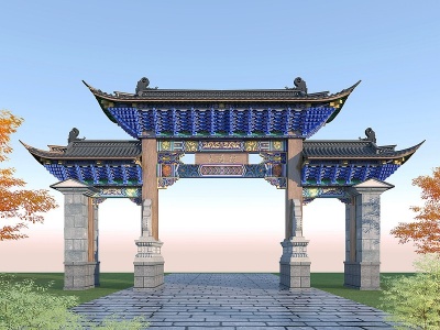 中式古建彩绘牌坊模型3d模型