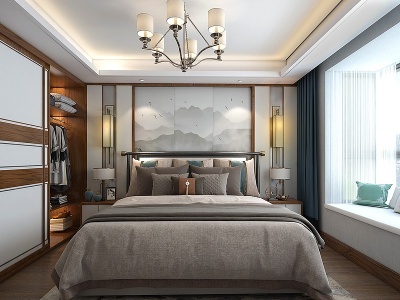 3d新中式卧室床衣柜抱枕模型